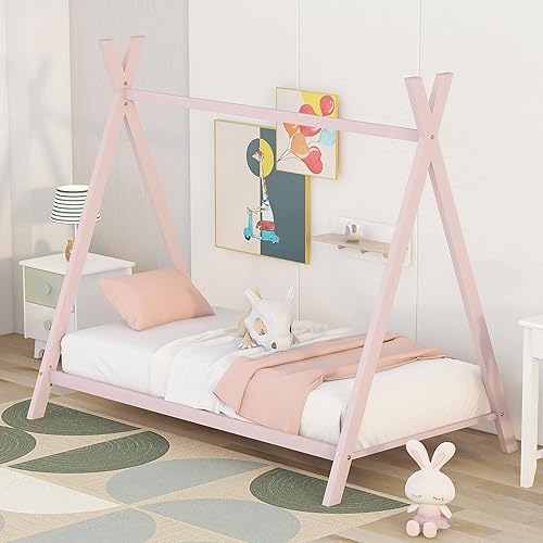 Cama de casa completa para niños tienda de campaña Montessori de metal marco de cama cama de casa de juegos con listones para niñas y niños no