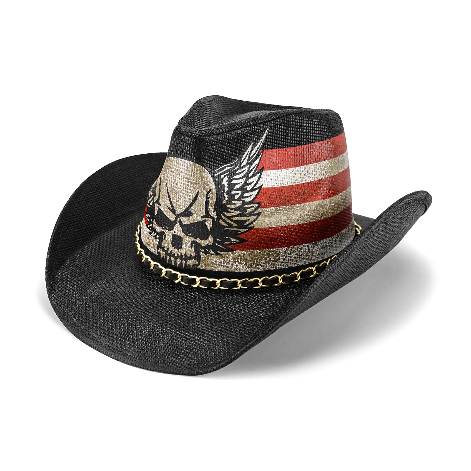 FLUFFY SENSE. Vintage Cowboy Hat USA American Flag Classic Western Style Tea Stained Patriotic Unisex Cowboy Cowgirl Hat with Shapable Brim, Skull Wings