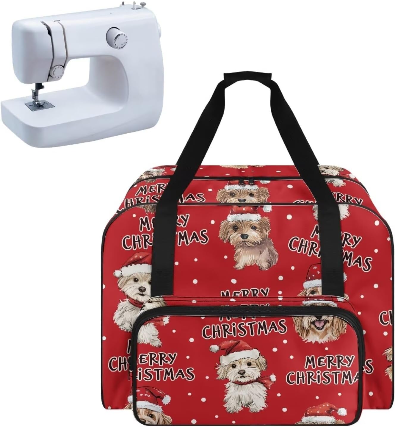 Christmas Cute Dog Sewing Machine Carrying Case, Animals Portable Sewing Machine Tote Dust Cover Carry Bag with Zippers and Handle Compatible with Most Standard Sewing Machines