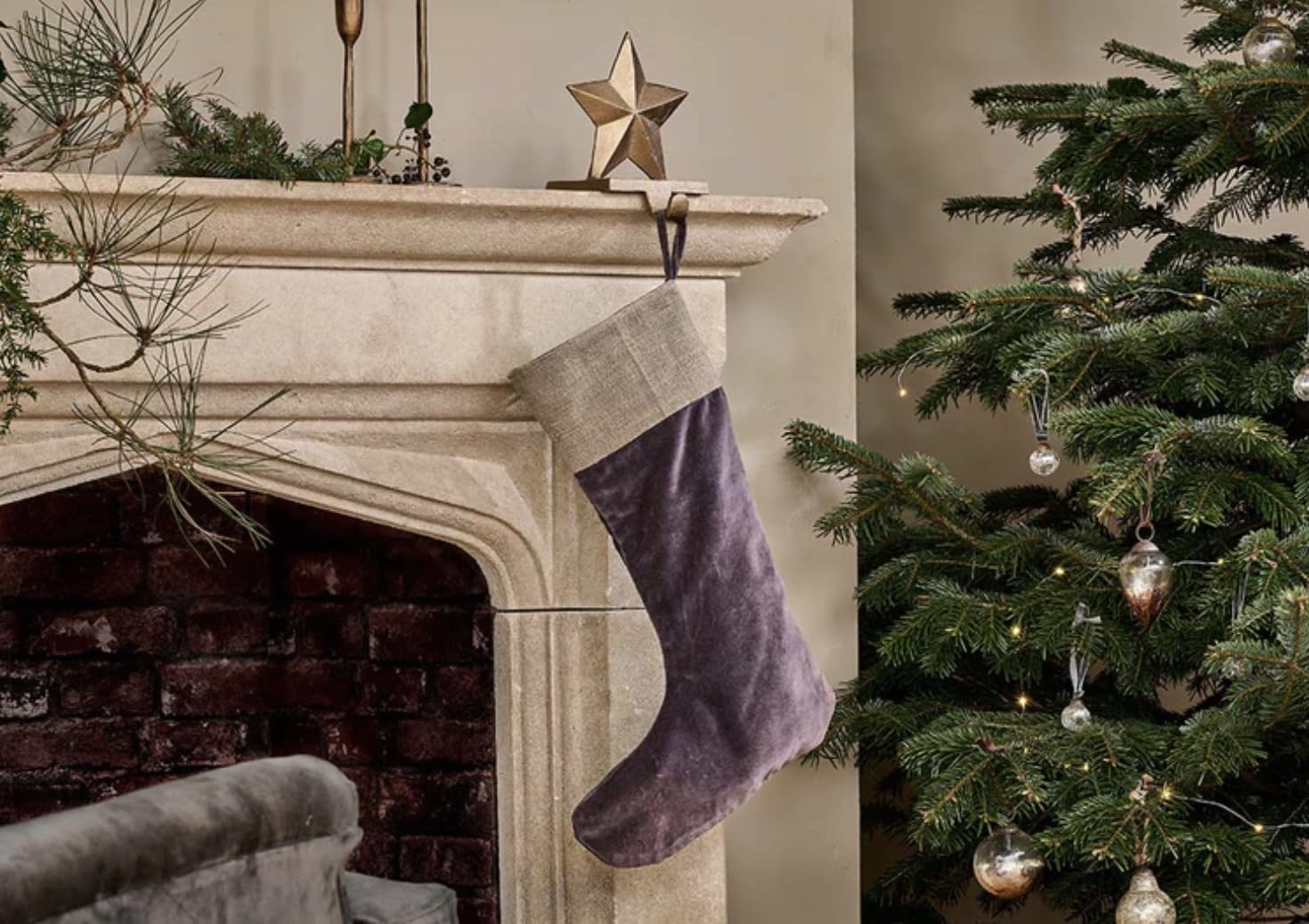 Christmas Stocking, Christmas Room Decoration, Velvet Christmas Stocking, Blue Charcoal Velvet Christmas Stocking, Hanging Xmas Decor, Nkuku Karru Handmade Fairtrade