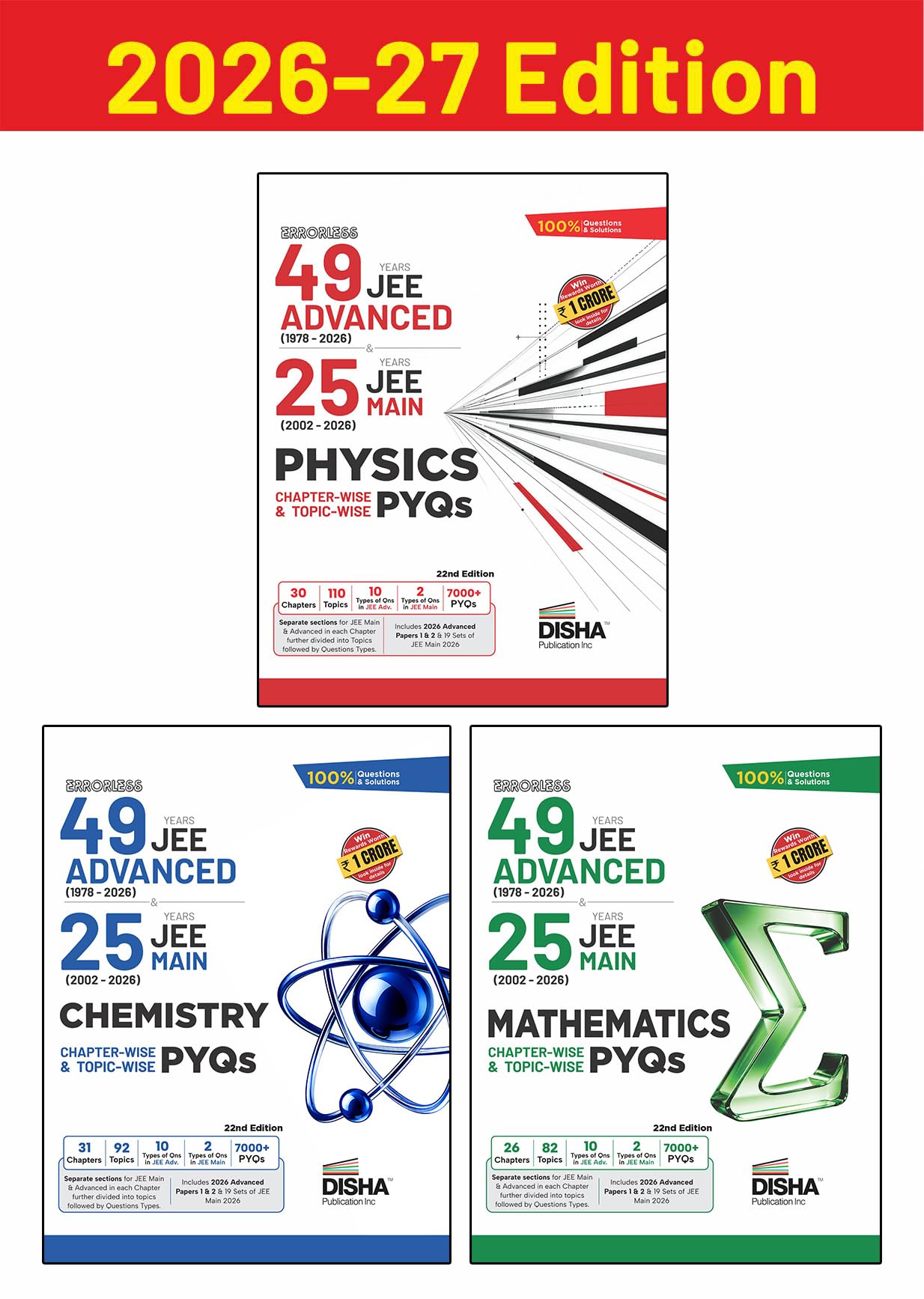 Disha Combo (3 Books) Errorless 49 Years JEE Advanced (1978 - 2026) & 25 Year JEE Main (2002 - 2026) PHYSICS, CHEMISTRY & MATHEMATICS Chapter-wise & Topic-wise PYQs 22nd Edn | For JEE Main & Adv 2027 discount deal
