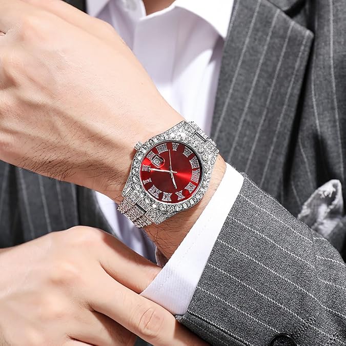 Men Hip Hop Watch with Roman Scale Calendar Crystal Rhinestone Watches Stainless Steel Iced-Out Wrist Watch Wholesale 3 Pack