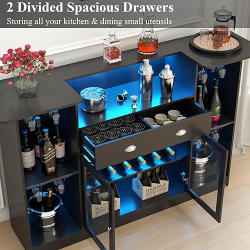Miniatura 7 de Armario de mesa de bar con LED y cajón, mini barra de licor con almacenamiento de 8 niveles y soporte para vasos, soporte de barra de alcohol de