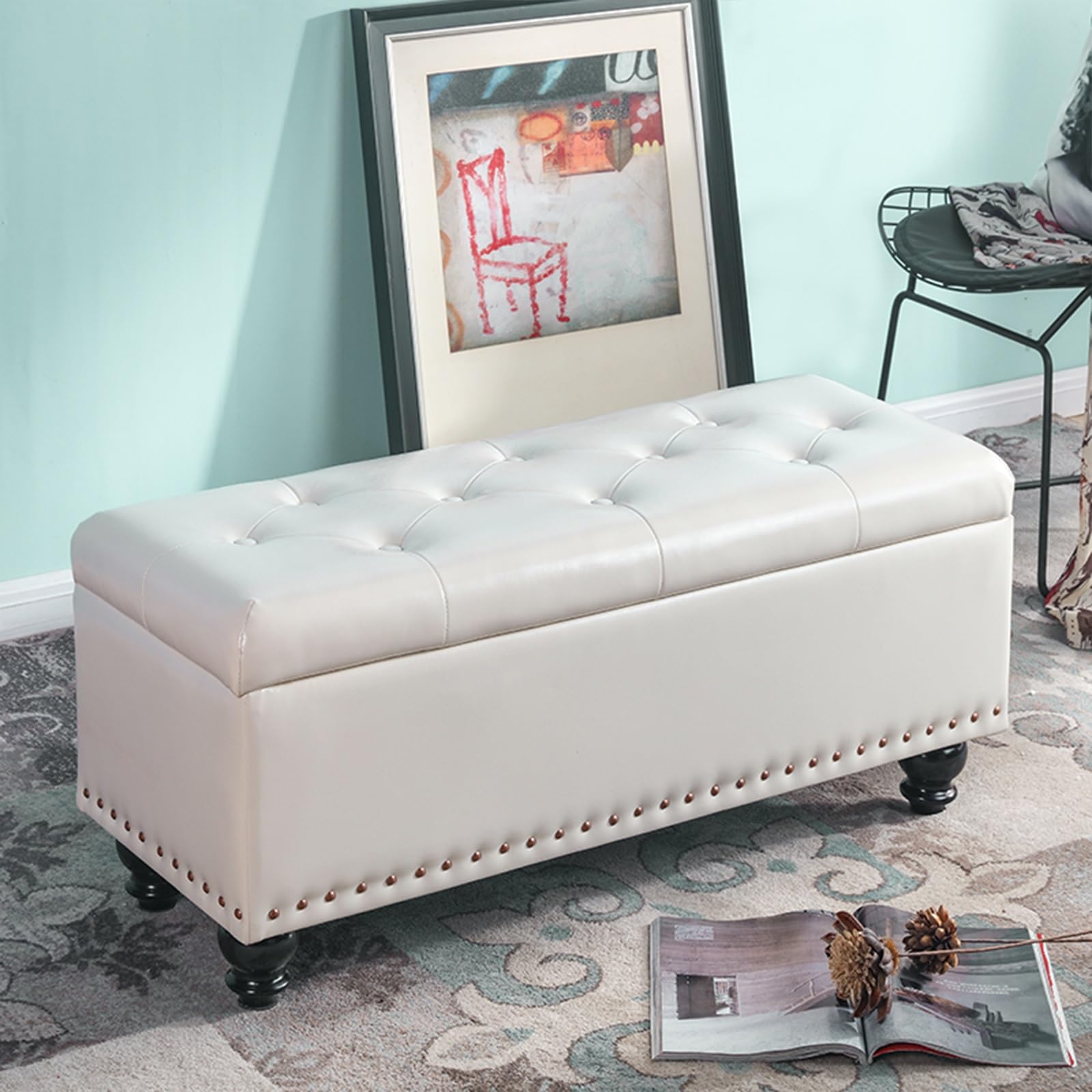 Ławka do przechowywania w stylu vintage z półką na buty do przedpokoju, sypialni, mudroom, stylowy funkcjonalny organizer na buty, koce i wystrój domu