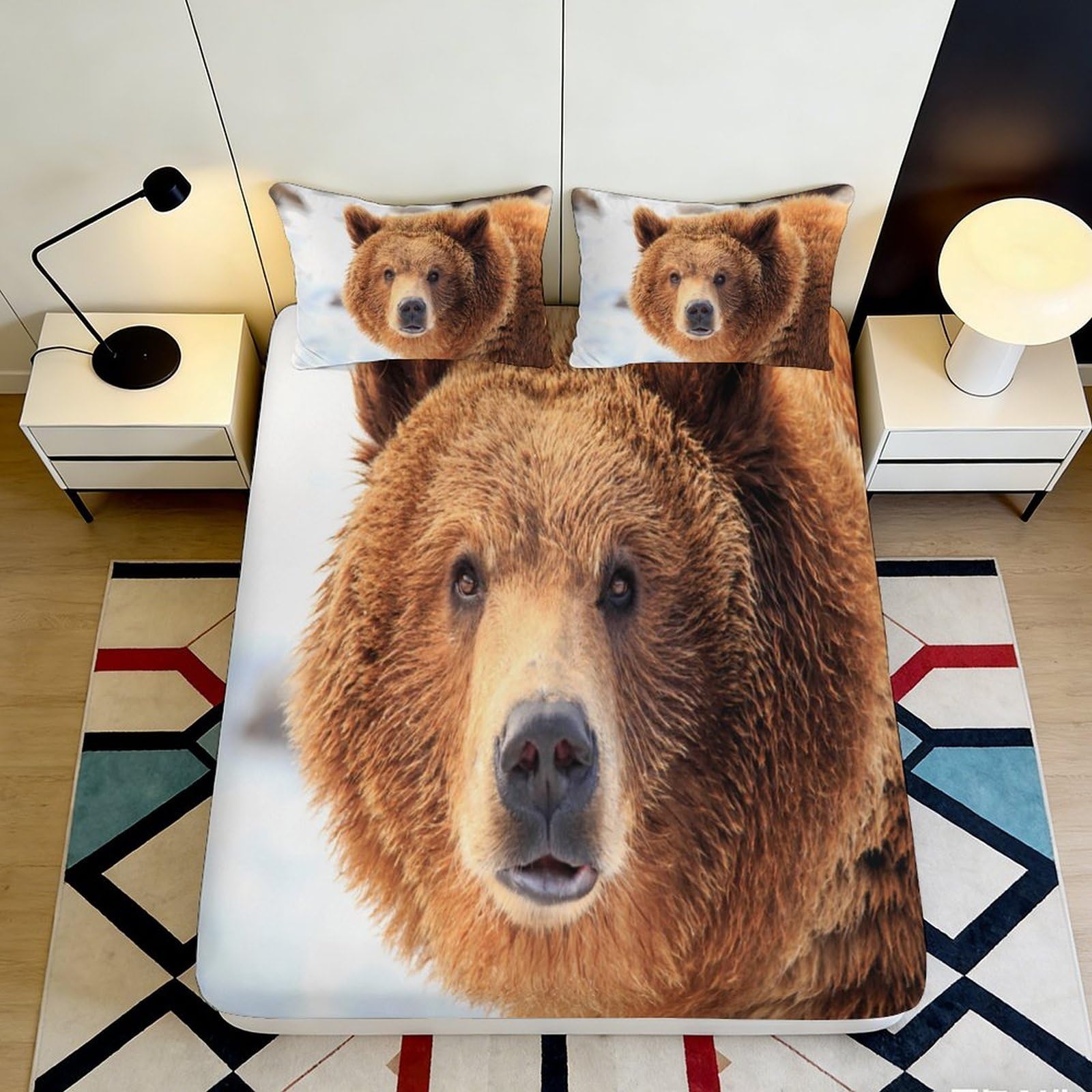 3D Printed Brown Bear Fitted Sheet Microfiber Soft Breathable Wildlife Bed Cover for Bedroom Dormitory Guest Room Mattress Protection Decor 160x200x25cm