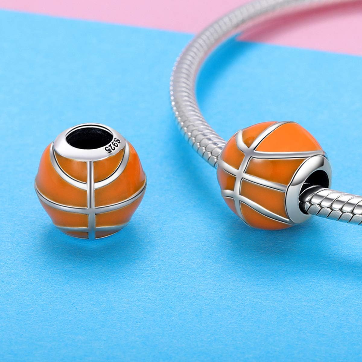 Sport Bead Charms 925 Sterling Silver USA Rugby Football Basketball Volleyball Golf Club Bat Mitten European Charm Bracelet (Basketball) - Image 5