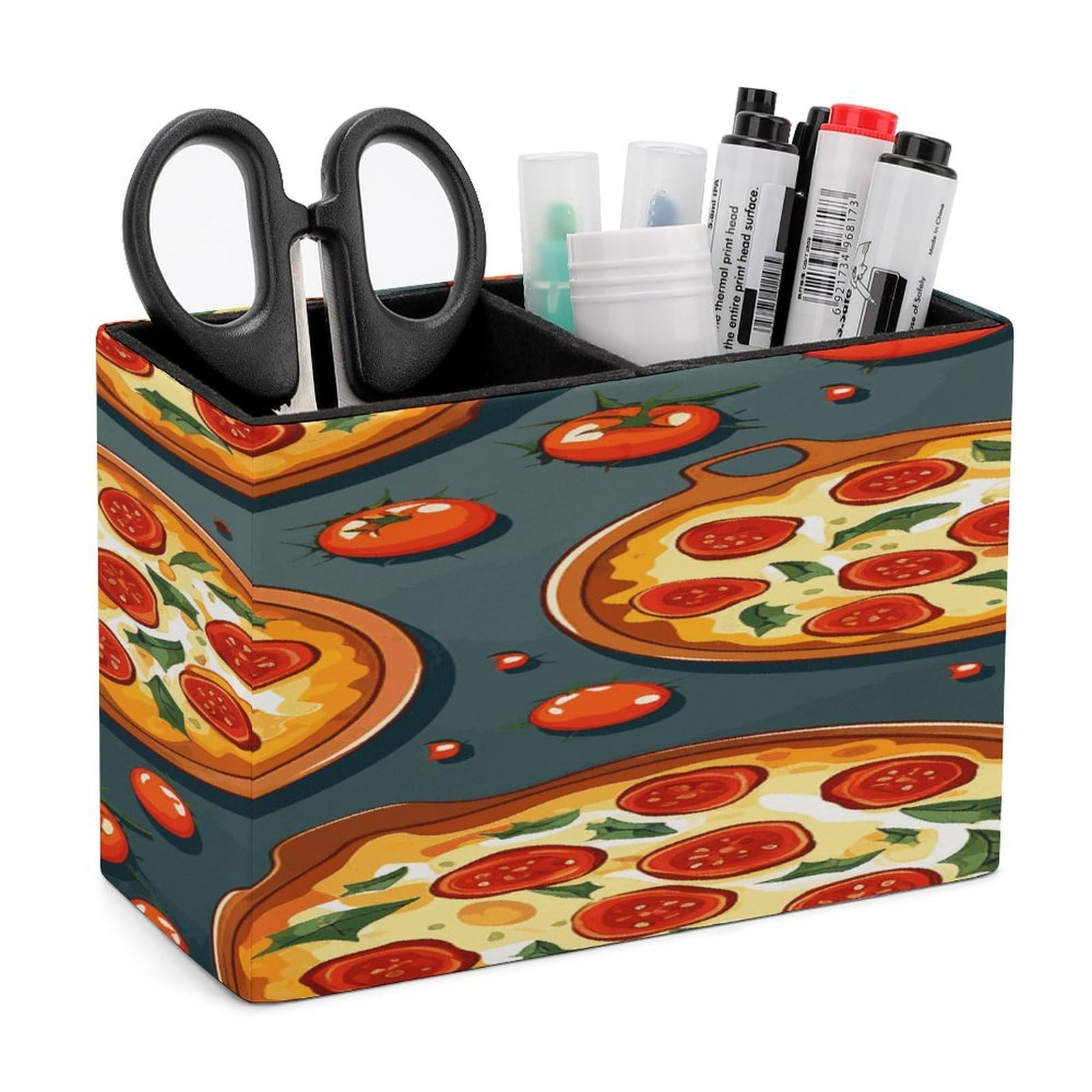 LDGSUPH Pizza Food Leather Pen Holder for Desk Organizer Caddy Large Pencil Cup Multi-function Pencil Holder Makeup Brush Holders Pen Organizer for Home Office Storage Box