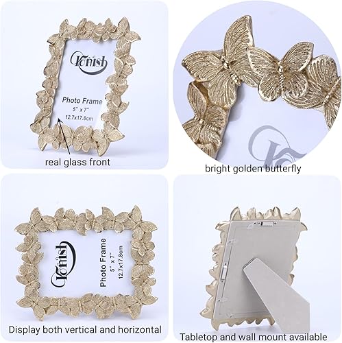 Miniatura 8 de Marco de fotos antiguo de 5 x 7 pulgadas, diseño de mariposa dorada de 5 x 7 pulgadas, marcos de fotos vintage para mesa y montaje en pared,