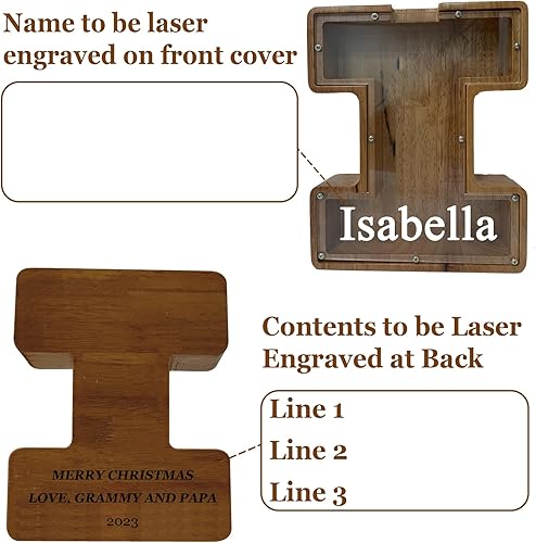 Vista 145 de Alcancía grande de madera personalizada para niños, alcancía con nombre personalizado, alcancía (nombre grabado láser) letras del alfabeto