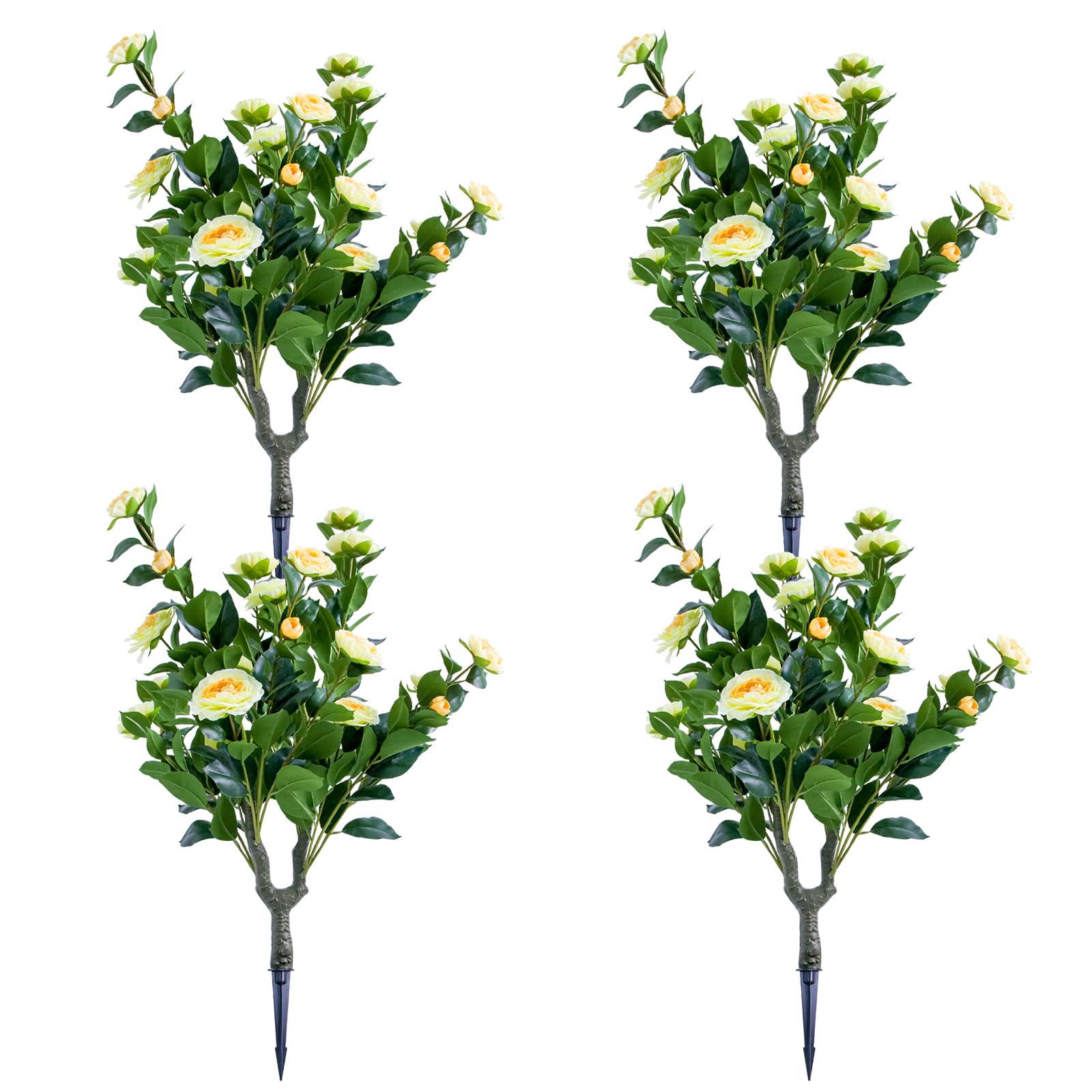 UV Resistant Artificial Topiary Ball Trees – Realistic PE Leaves & Metal Ground Spikes – Set of 4 Yellow Camellia Flowers – Faux Indoor Outdoor Decorative Plants – Home & Garden Decor, 90x40cm