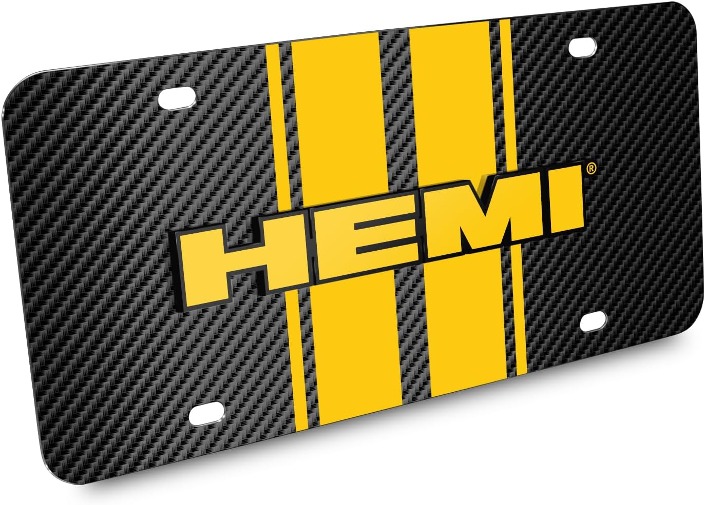 iPick Image for Dodge HEMI 3D Logo in Yellow on Yellow Stripe Black Carbon Fiber Look Stainless Steel License Plate - Official Licensed