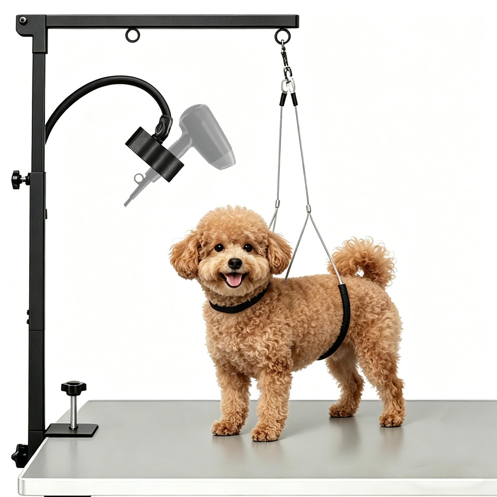 Pindex Braccio per Toelettatura Pieghevole con Morsetto, 29,13" – 40,94" (74–104 cm), con Supporto Asciugacapelli e Due Supporti Anti-Seduta per Cani Piccoli e Medi