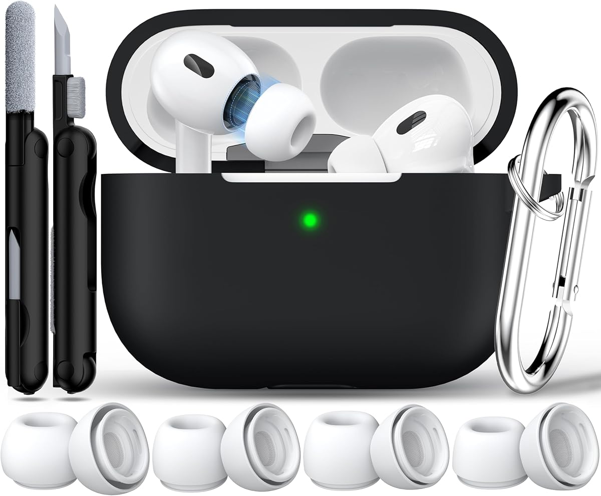 RFUNGUANGO Compatible with airpods pro 2 case (2023/2022/2019), Soft Silicone Protection AirPod Pro Case Cover(USB-C/Lightning Cable) with Cleaner kit&EarTips,Black