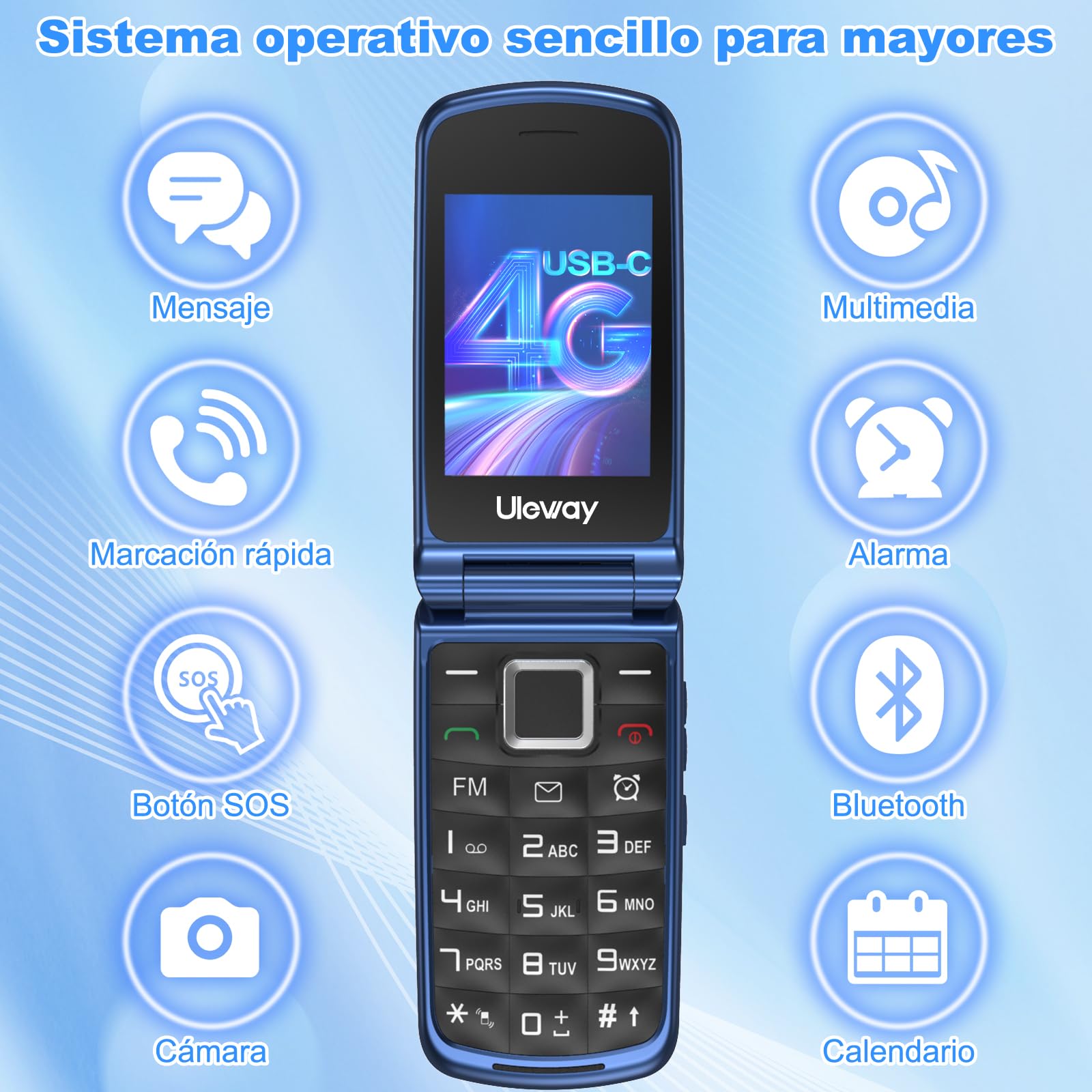 4G Telefono Movil para Mayores Libre con Teclas Grandes, Doble SIM Doble Pantalla LCD, Fácil De Usar Teléfono Móvil Personas Mayores con Botón SOS, Cable USB C, Batería 1000mah, Base Cargadora (Azul)
