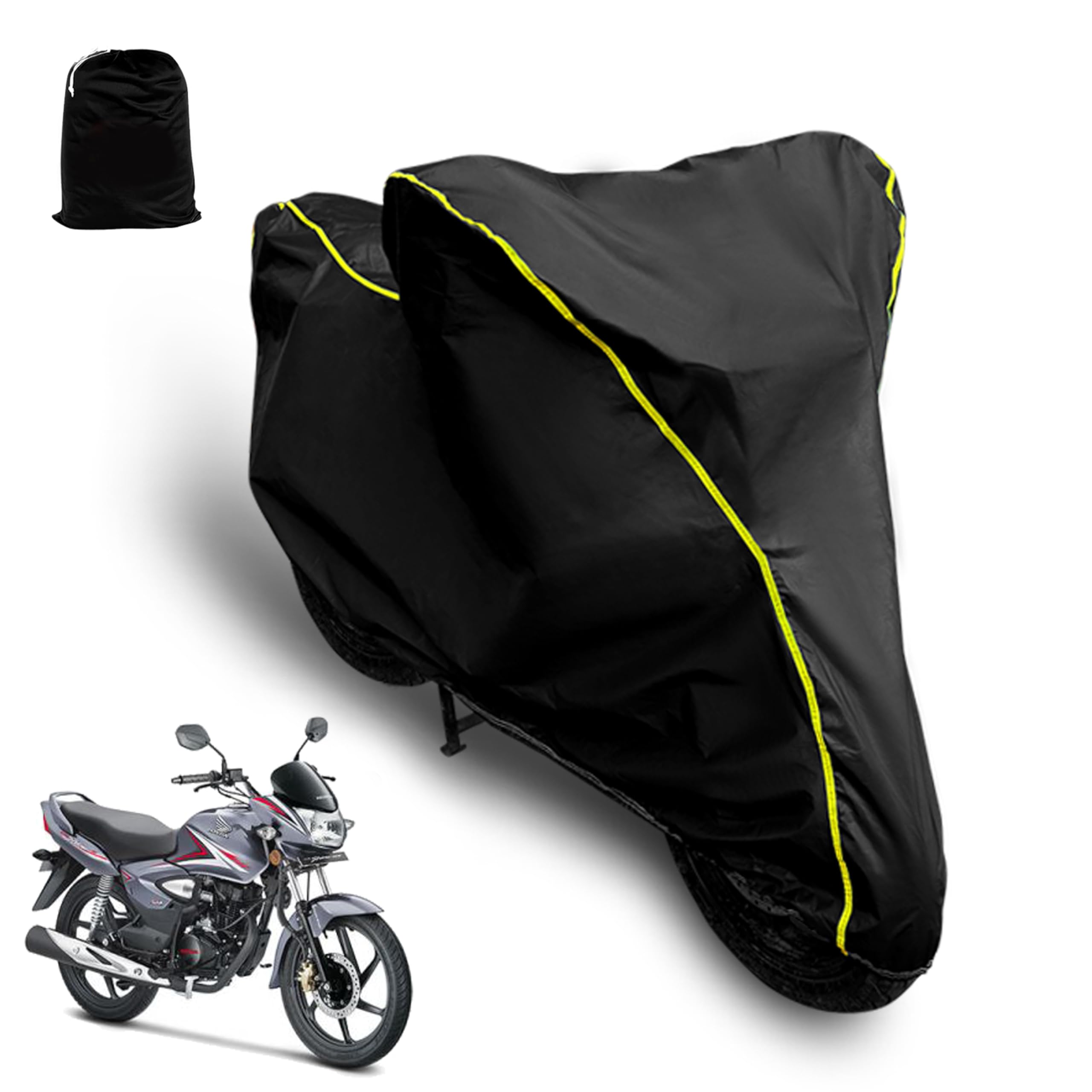 AUTOCOZEN Waterproof Bike Cover Compatible with Honda Shine Cover with All Weather Protection and Triple Stitch, Heavy Buckle with Storage Bage & Black with Yellow Piping-image-21