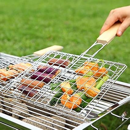 FEELING MALL Portable Stainless Steel BBQ Barbecue Grilling Basket for Fish,Vegetables, Shrimp,and Small Flat Sea Food Great Useful BBQ Tool