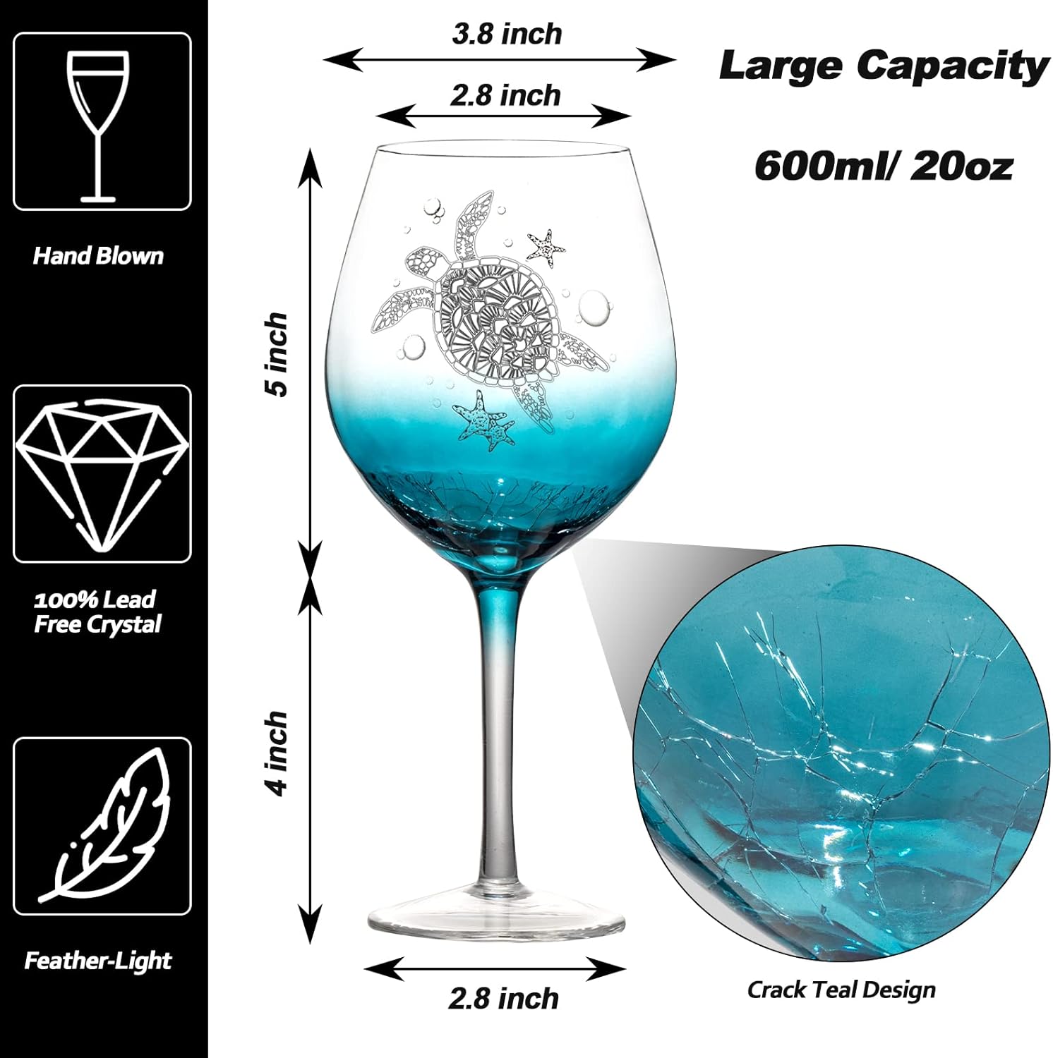 Hand Blown Wine Glasses for Red / White Wine, Set of 2 Turtle Burgundy Glasses, Gifts for Turtle Lovers Mother's Day, Teal Crackle Lead-Free Stemmed Glassware for Anniversary Wedding Birthday 19 Oz