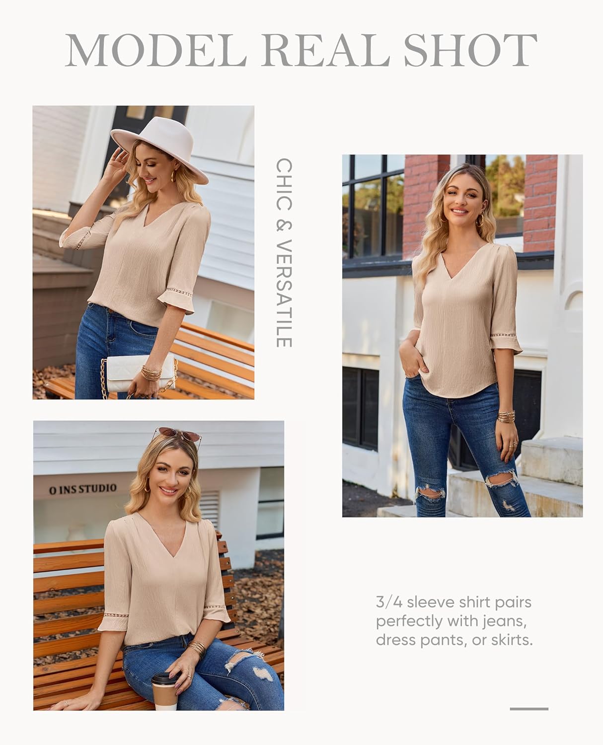 siliteelon Women Dressy Casual Blouse 3/4 Sleeve Tops V Neck Office Work Shirt Classy Ladies Clothes Spring 2026 Trendy - Image 5