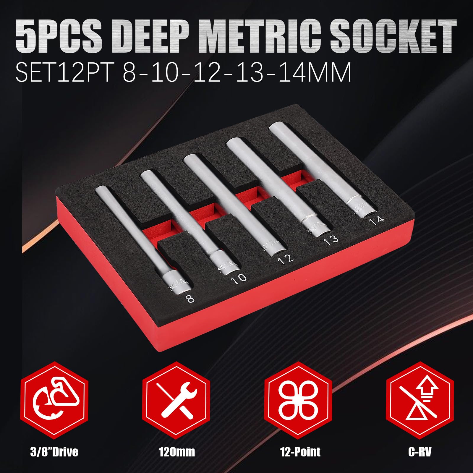 DSBYKJ 5-piece set: 8 mm, 10 mm, 12 mm, 13 mm, and 14 mm Extended Deep Hex Metric Sockets; 3/8” Extra Deep Metric Socket Set.