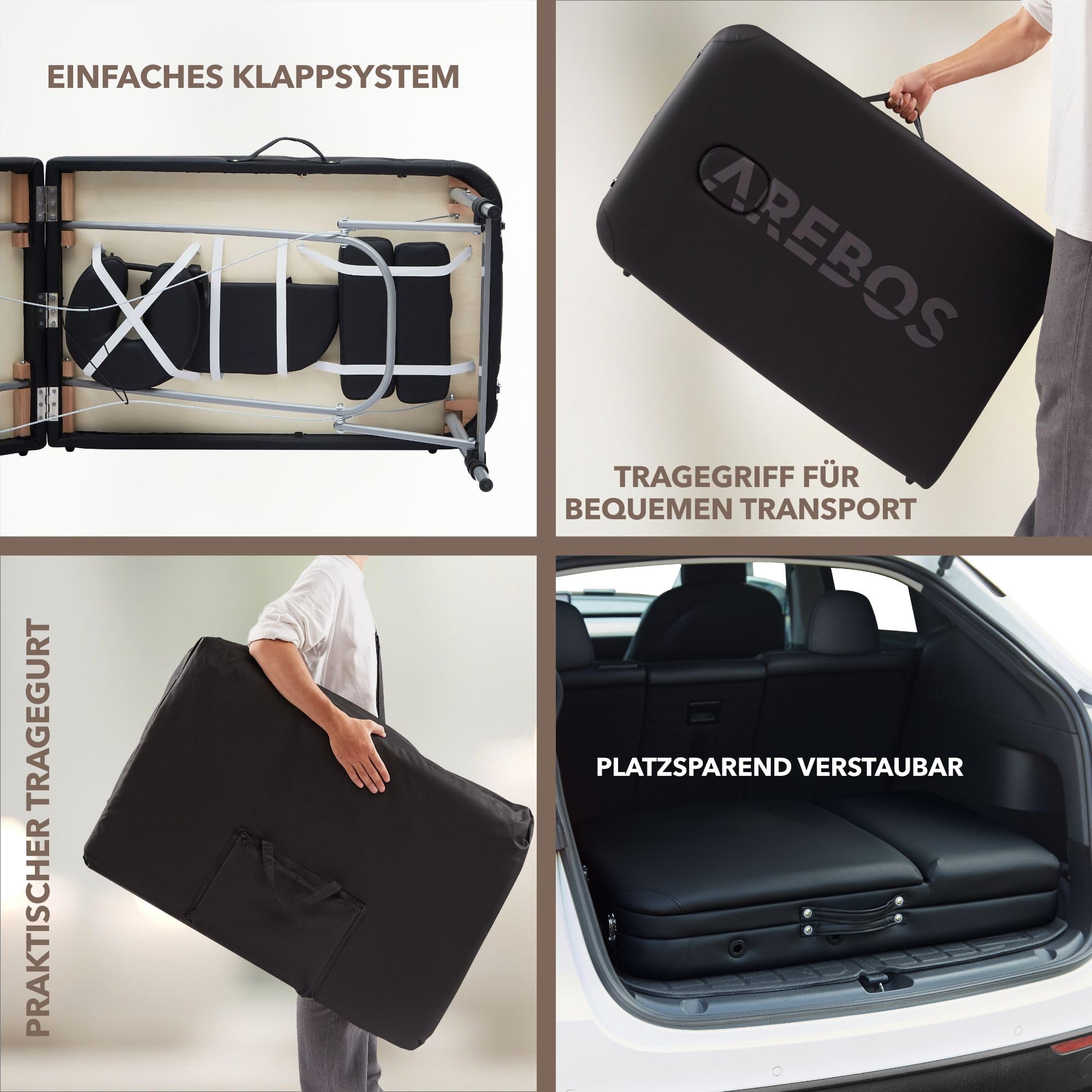 Arebos Mobile Massageliege 3 Zonen, Massagetisch, Massageliege klappbar, höhenverstellbare Aluminium Massagebett Kosmetikliege tragbar inkl. Zubehör, Kopfstütze, Armlehne und Tragetasche, Schwarz