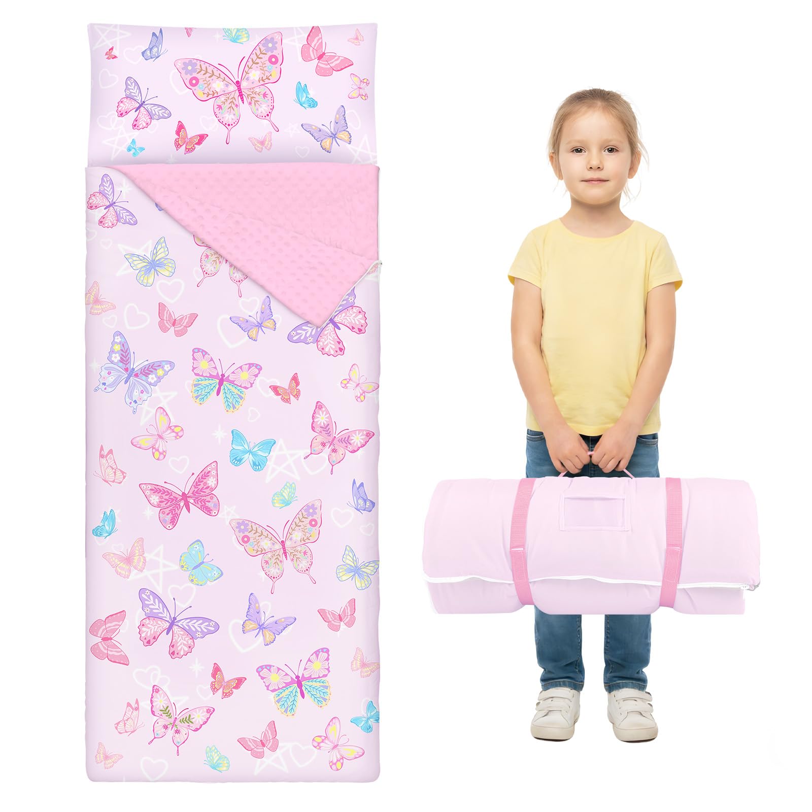 Toddler Nap Mat Sleeping Bag with Removable Pillow, 59" x 24" Kids Roll Up Portable Slumber Mat for Daycare, Kindergarten, Camping – Lightweight, Soft & Easy to Clean for Girls and Boys, Butterfly