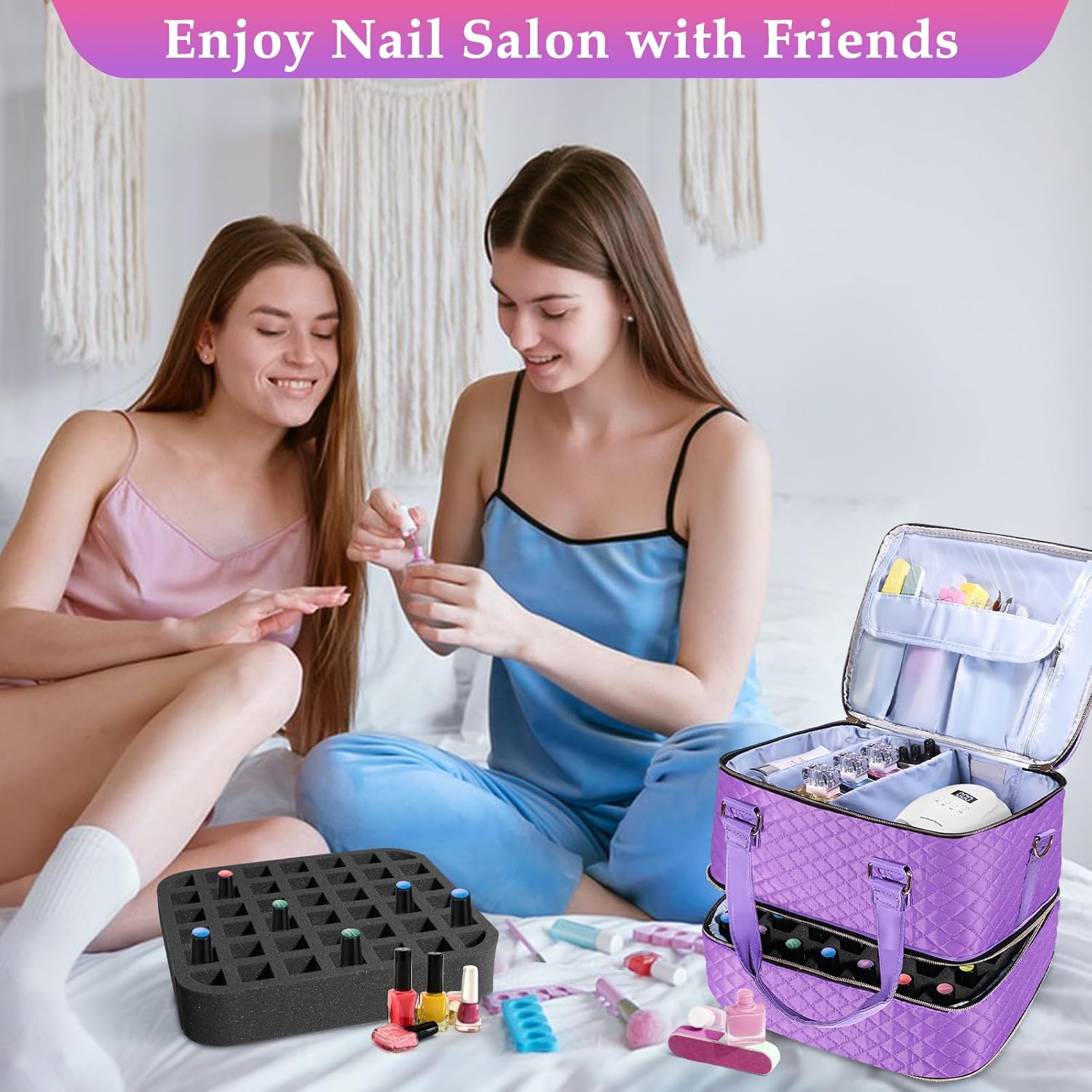 Nail Polish Organizer Case - Holds 84 Bottles Nail Polish & Nail Lamp Large Nail Polish Organizer Bag for Manicure Tools, Nail Polish Kit (Purple)