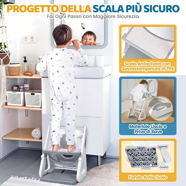 Riduttore Wc Bambini - Upgraded Riduttore Wc 2 in 1 - Struttura a Triangolo | Pedale Allargato | Paraspruzzi Estesi | Cuscino Morbido | Manico Allargato - Antiscivolo Pieghevole Leggero - Grigio Orso - 5