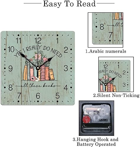Miniatura 7 de Reloj de pared de PVC Yes I Really Do Need All These Books Relojes sin marco, Book Club de 10 pulgadas, funciona con pilas, reloj de pared cuadrado