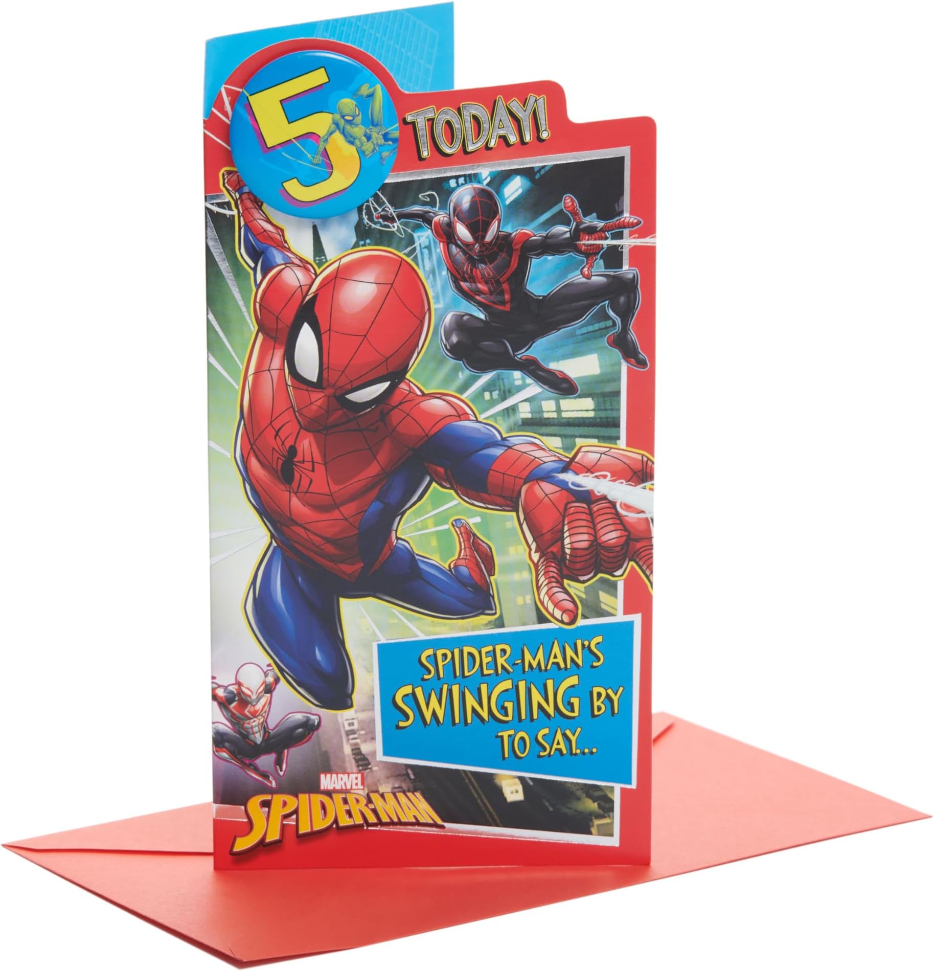UK Greetings | Marvel 5th Birthday Card For Him/Boy | Happy Birthday Gifts | Him, Boys, Men | Spiderman Design | With Badge & Envelope | 127 x 235 mm