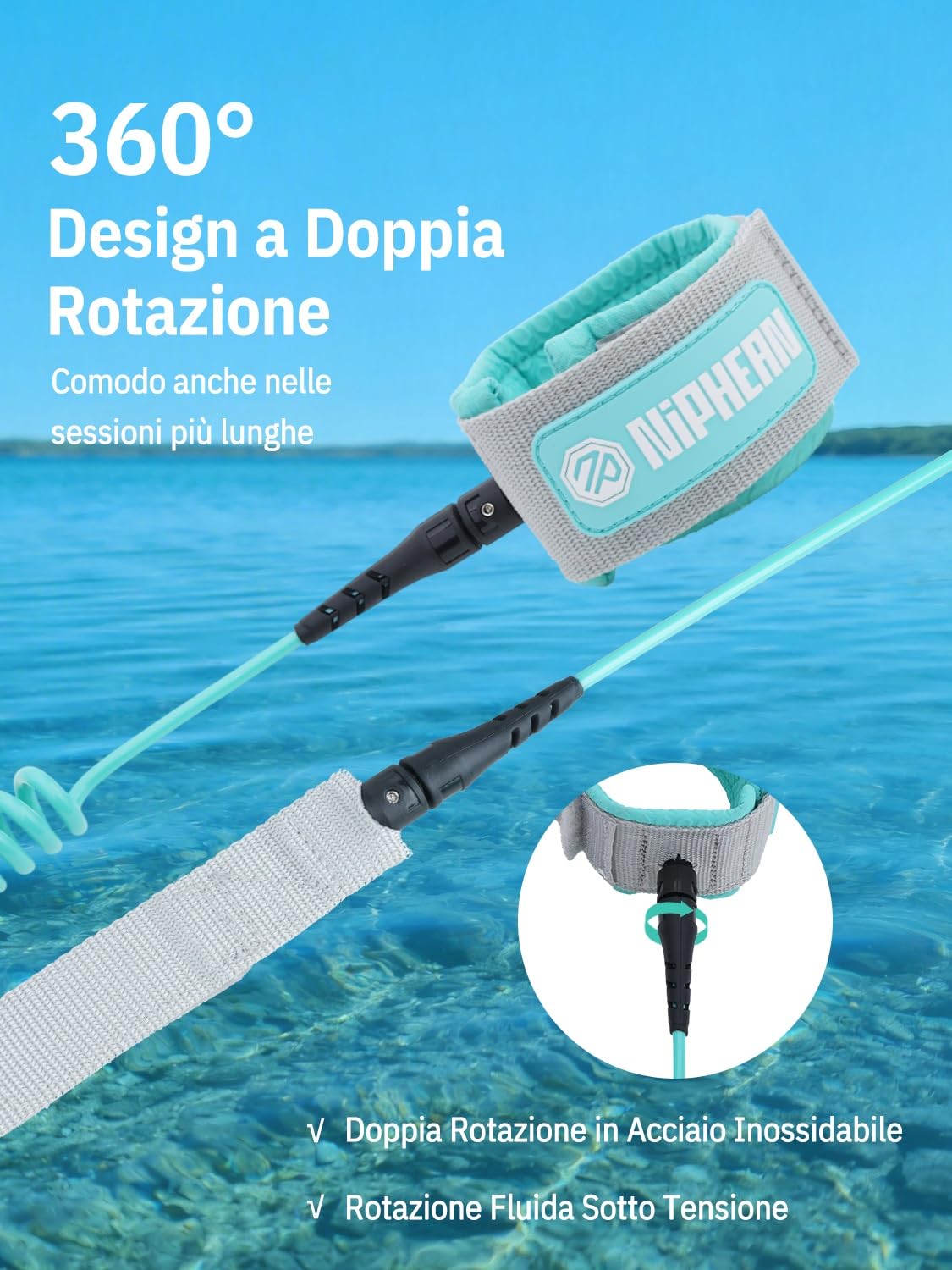 Niphean Leash SUP 1–3m, Leash Surf Elastico Spiralato da 5mm, Laccio Sicurezza SUP Resistente a Spirale con Connettore, Anti-groviglio, Confortevole e Regolabile per SUP, Surf, Bodyboard, Boogie Board