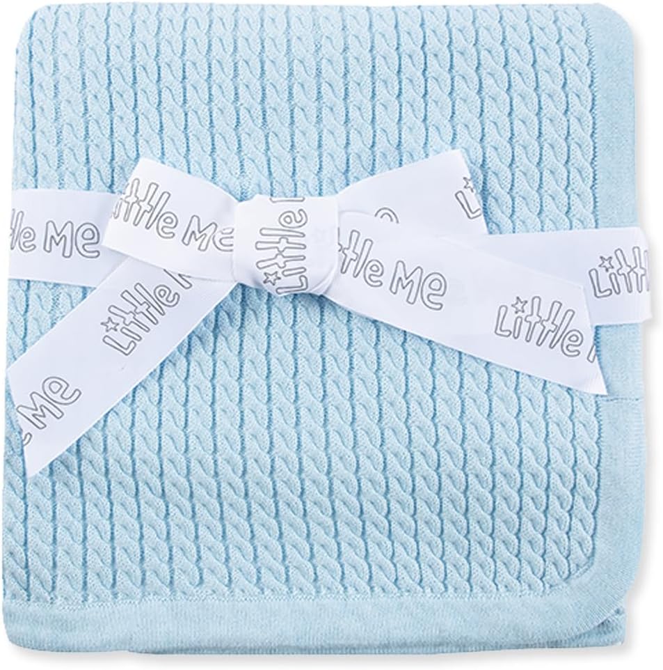 Little Me Baby Boys Blue Cable Knit Swaddling Receiving Blanket, 30 X 27 inches, 100% Cotton Baby Blankets
