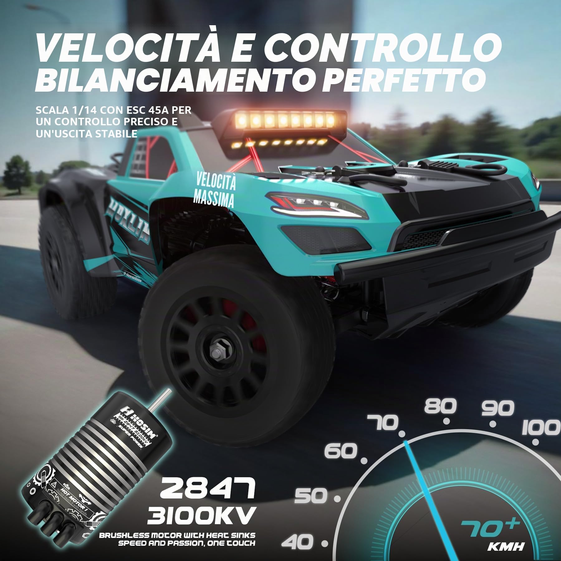 Hosim Moxlin - Auto telecomandata a partire dai 14 anni, scala 1:14, brushless RC auto per adulti, 75 km/h, alta velocità, 4 x 4, fuoristrada, All Terrain, Monster Truck, impermeabile, 40+ minuti di