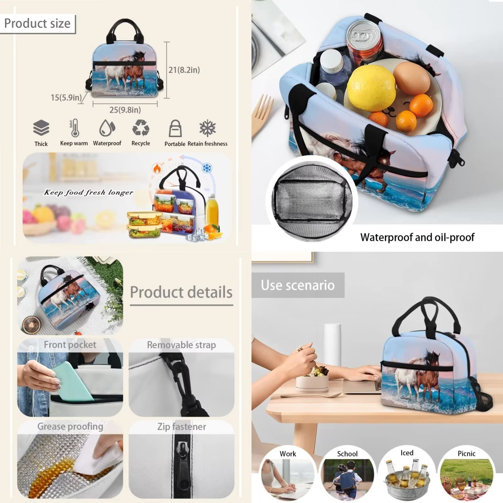 Poceacles Rucksack, 3-teiliges Set für Schulbücher, Lunchtasche und Stifteetui, für Kinder, Jungen, Mädchen, Rucksack, Laptoptasche, Pferd Meerwellen, Einheitsgröße