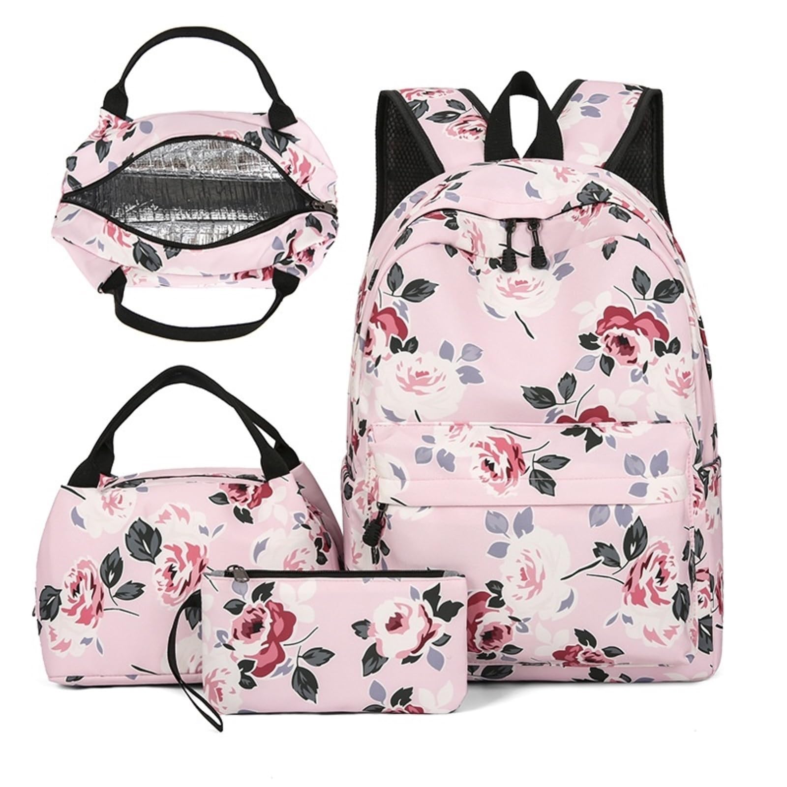 Zaino da Viaggio Rosa Floreale 3-in-1 Set per Scuola Resistente all'Acqua con Borsa A Pranzo E Custodia Matita Ragazze