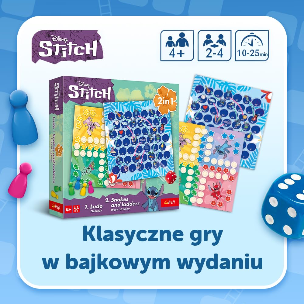 Trefl - Chińczyk, Węże i Drabiny: Lilo & Stitch - Gra 2w1, Rodzinna Klasyczna Gra Planszowa z Bohaterami Bajki Lilo & Stitch, Dwustronna Plansza, Proste Zasady, Dla Dorosłych i Dzieci od 4 lat