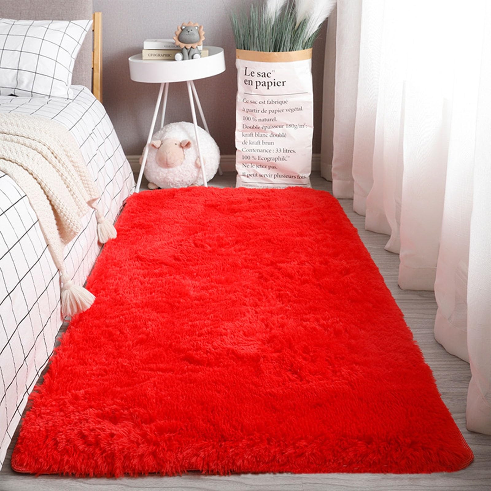 Tapis de salon à poils longs lavable pour un sol de chambre rouge toujours net