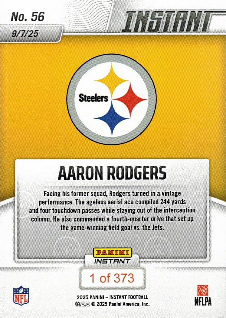 2025 Panini NFL Instant #56 Aaron Rodgers Football Card Steelers - Only 373 made!