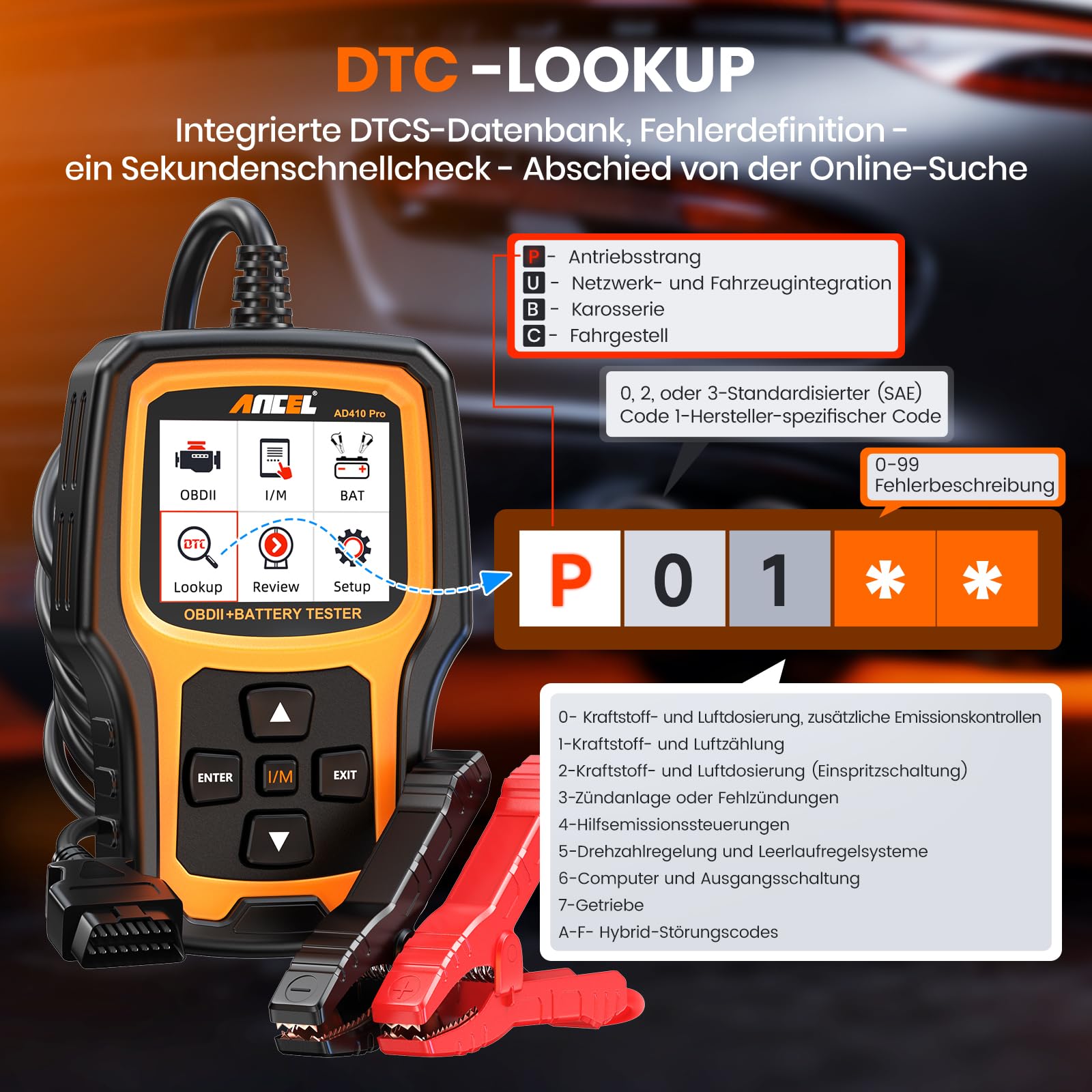 2in1 Auto Diagnosegerät KFZ Batterietester Universal Fehlercode Lesegerät | ANCEL AD410PRO mit Vollen OBD2 Funktionen, 6V 12V 100-2000CCA Autobatterie Tester mit Batterie- Anlasser- und Ladetest