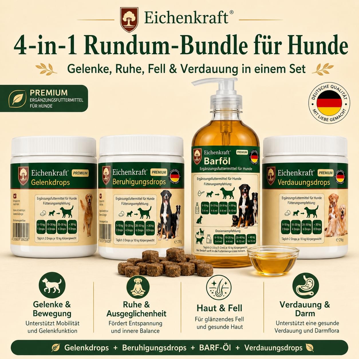 Hunde Kausnacks Lachsöl 4er Set Gelenk Beruhigungs Verdauungsdrops Barf Öl