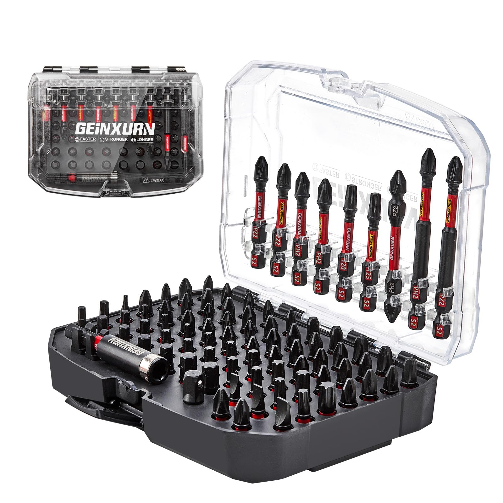 GEINXURN 83 Pièces Coffret d’embouts de Tournevis en Acier S2 Magnétique Torx/Phillips/Pozidriv/Plat/Hex Embouts de Vissage, Porte-embout, Adaptateur de Douille avec Boîte de Rangement Noire