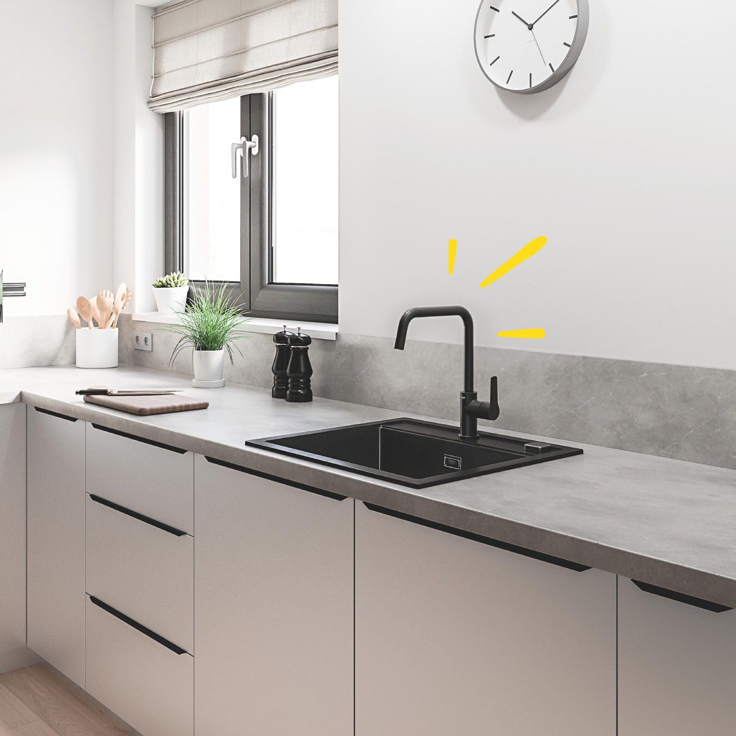 GROHE Start, Küchenarmatur (Wasserhahn für die Küche, 150° schwenkbar, wassersparende Spültischarmatur dank variabler Mengenbegrenzung, werkzeugfreie Spülbecken-Montage), schwarz, 304702430