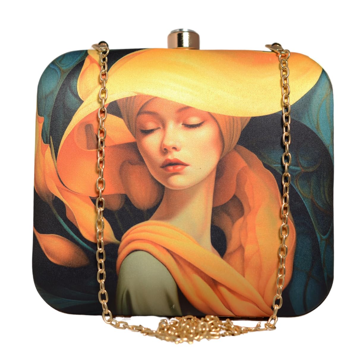 Portrait Yellow Hat Lady Printed Clutch Bag for Women with Detachable Strap-image-11