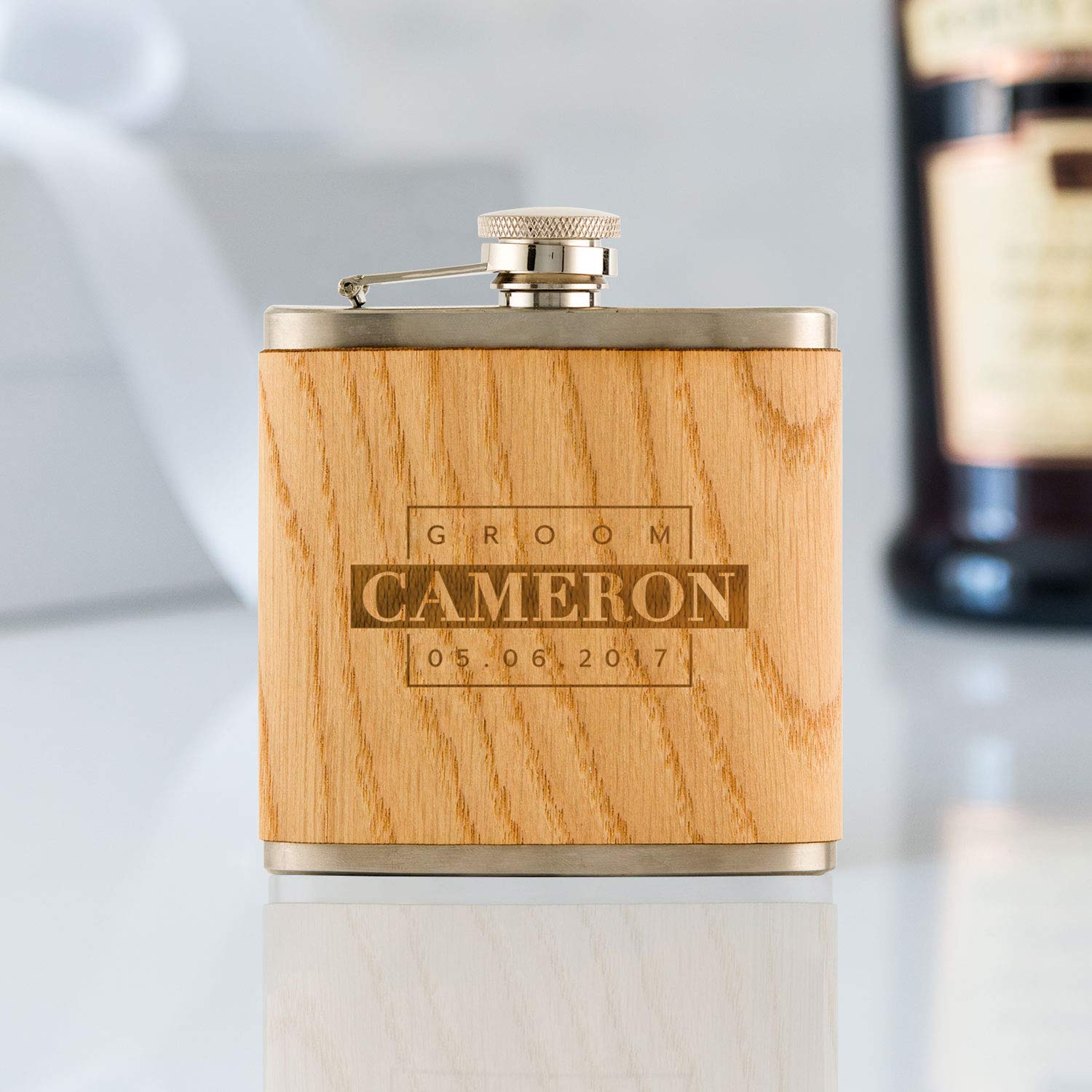 Weddingstar Personalized Custom Engraved 6oz Oak Wood Wrapped Hip Flask Stainless Steel Wedding Gift - Groom Monogram Print