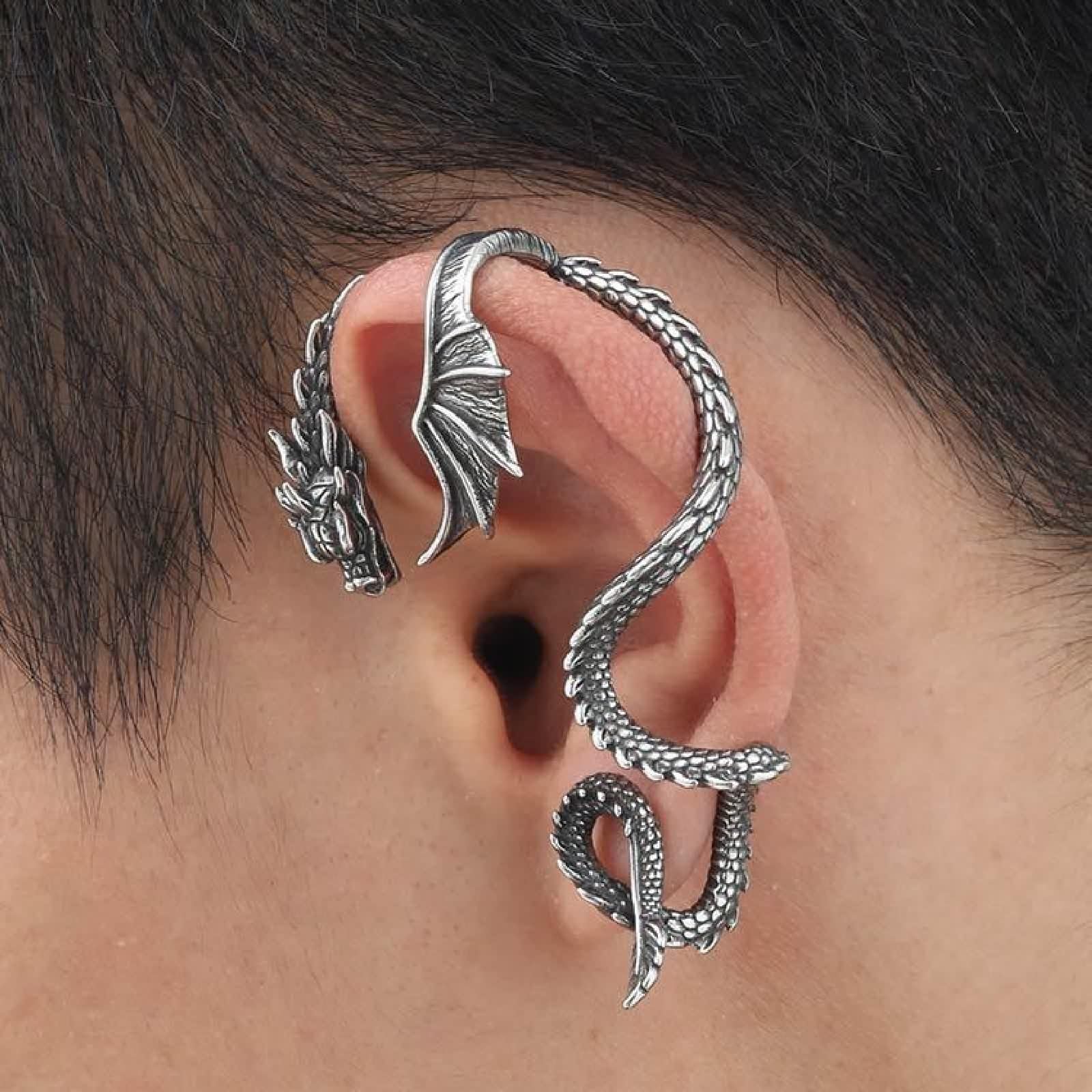 Edelstahl Ohrringe Herren, Drachen Ohrringe Silber Vintage Ohrstecker Männer Punk Ohrmanschette Gothic 1 Stück