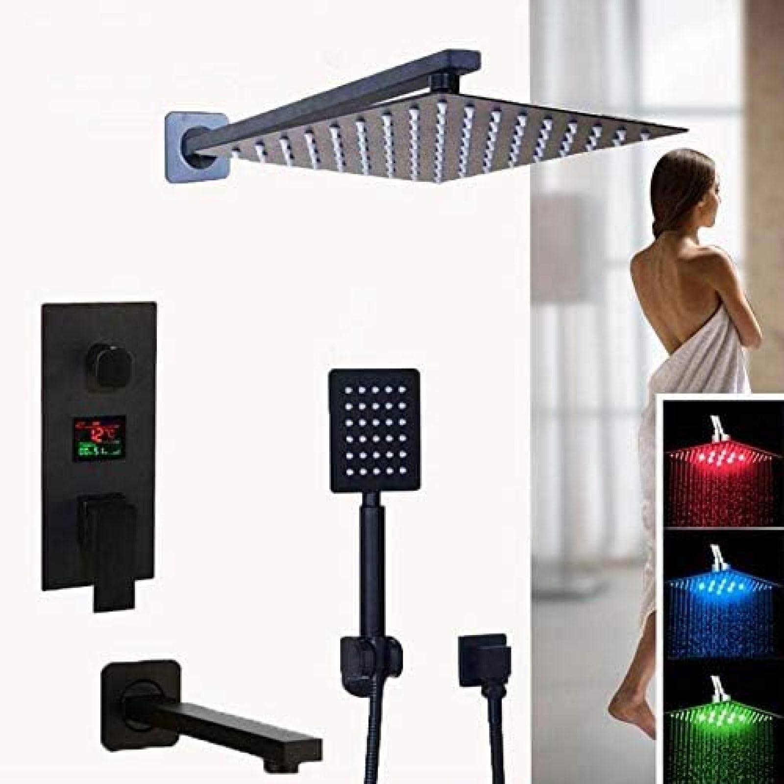 Cyfrowa Bateria Prysznicowa Z Wyświetlaczem LED, 3-funkcyjna Mieszająca Czarnego Mosiądzu Deszczownicą I Prysznicem Ręcznym (konfiguracje 10"/16")(10 Inch Full Set)
