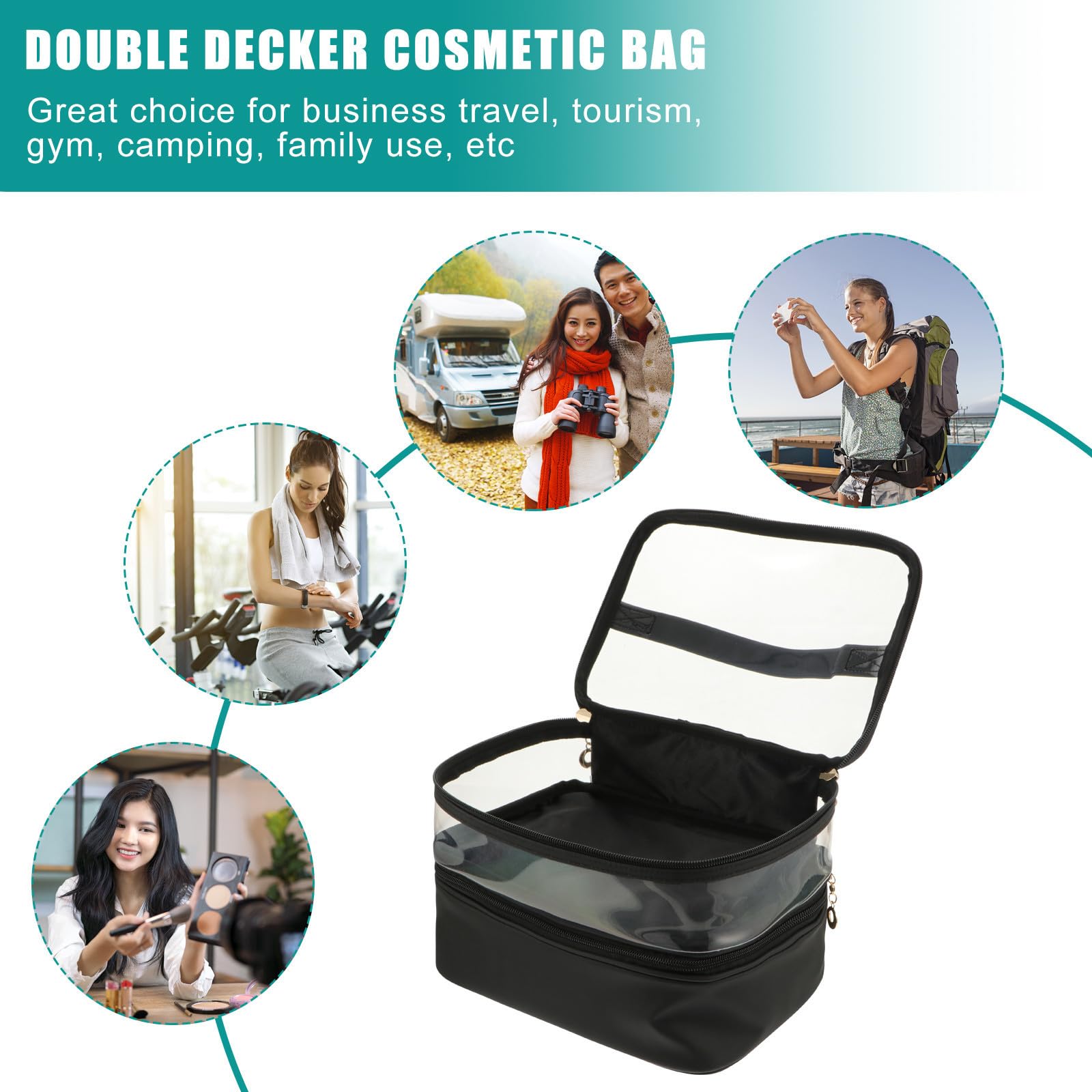 Cabilock Borsa Cosmetica Doppio Strato da Donna e Resistente Grande Capacità, in Pu Nero, per Turismo e Palestra