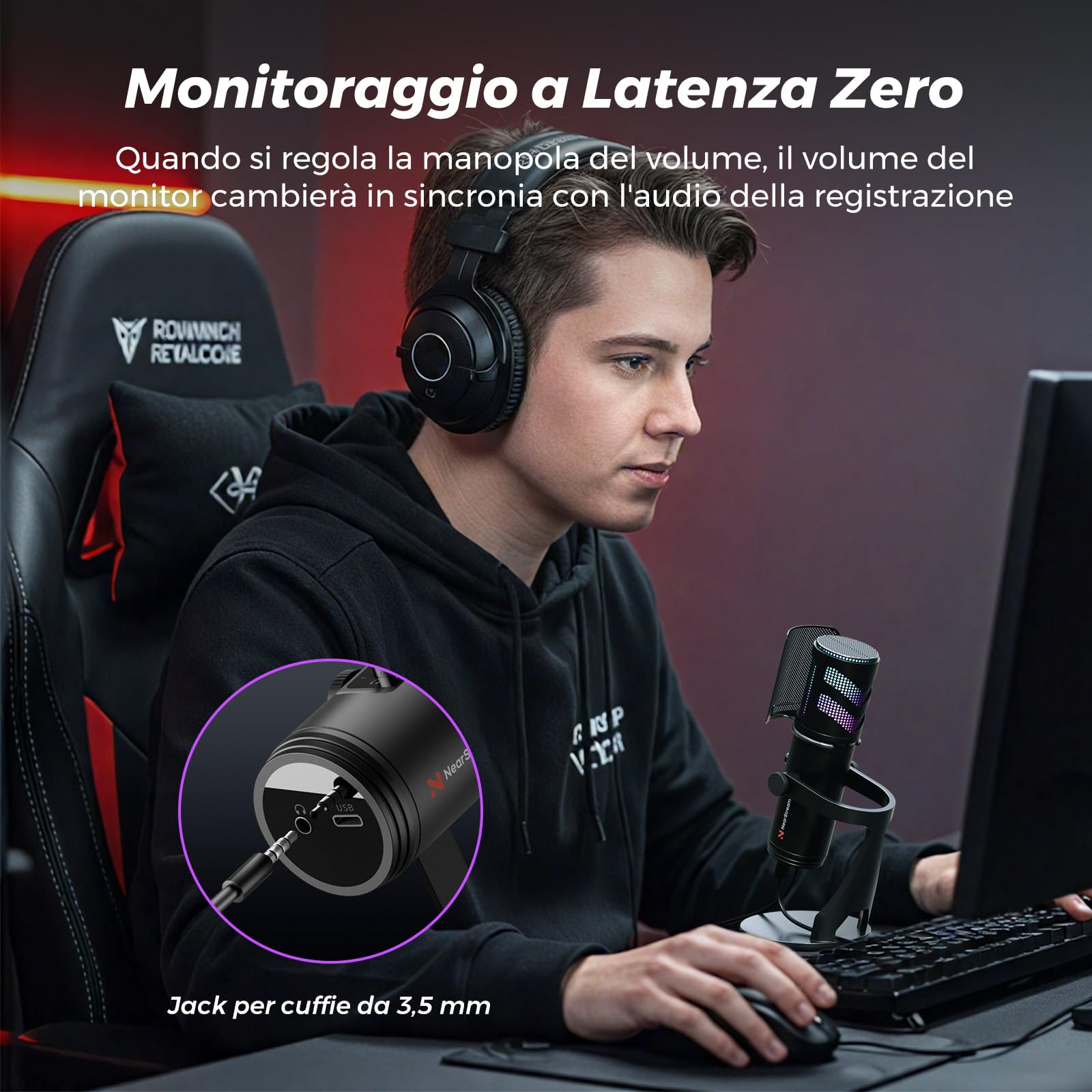 NearStream Microfono USB a Condensatore Professionali Vengono Utilizzati per Catturare Audio di Alta Qualità,Microfono Gaming con Cancellazione del Rumore/Led RGB/Muto/Guadagno/Filtro Anti Pop,AM35U