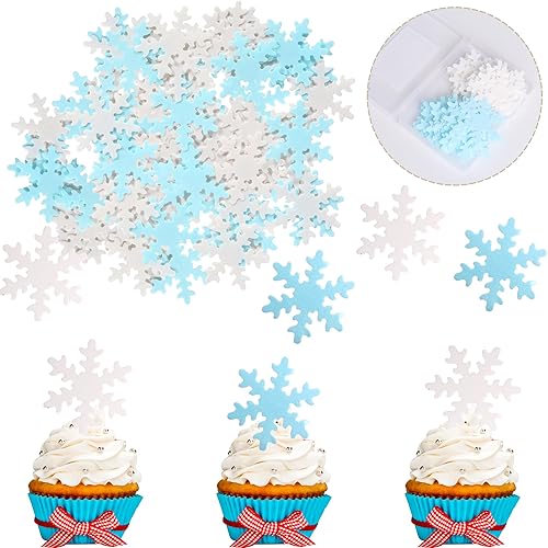 Miniatura 8 de 50 piezas comestibles de copos de nieve para cupcakes, blanco y azul, copos de nieve congelados de invierno, decoración para temática de copo de