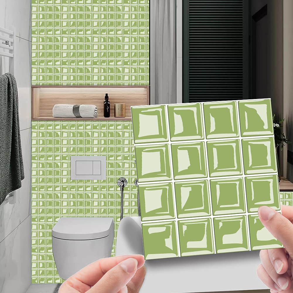 30pcs Wall Tile Stickers, Hiser Square Retro Marble Mosaic Style Waterproof Decals Sticker for Kitchen Living Room Bathroom Home Floor DIY Decor Self-Adhesive (OliveDrab,20x20cm)