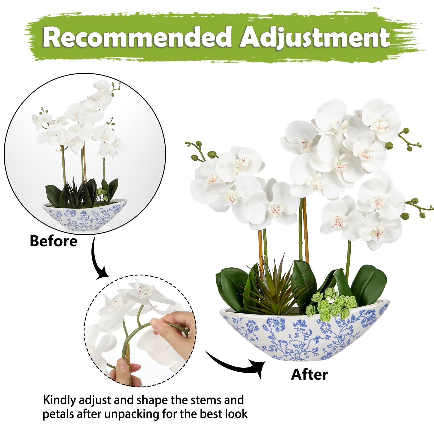 Oairse Kunstpflanze Orchideen Künstliche Deko Blumen Kunstblumen Wie Echt Mit Real-Touch Blüten im Weißer und Blauer Keramikvase Tischdeko Fensterbank Deko, Höhe 44cm
